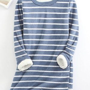 Crew Neck Long Sleeve Striped Fleece Loose Shirt For Women, Shirts, color:Blue|size:3XL, Noracora