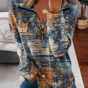 V Neck Ethnic Gradient Regular Fit Sweatshirt, Sweatshirts & Hoodies, color:Blue|size:XXL, JustFashionNow