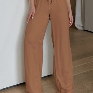 Casual Plain Mid Waist Long Pocket Stitching Wide Leg Pants, Pants, color:Brown|size:L, Noracora