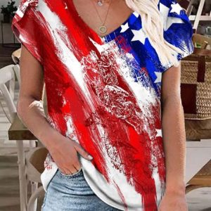 Women's Casual America Flag Print V Neck T-Shirt, T-shirts, Lilicloth.com