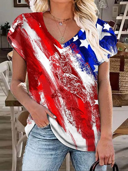Women's Casual America Flag Print V Neck T-Shirt, T-shirts, Lilicloth.com