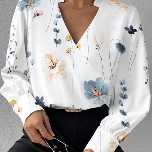 Casual V Neck Loose Floral Shirt, Shirts & Blouses, color:White|size:XXL, JustFashionNow