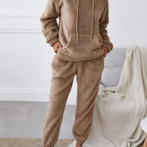 Casual Cashmere Hoodie Plain Two-Piece Set, Tops, color:Deep Khaki|size:XXL, JustFashionNow