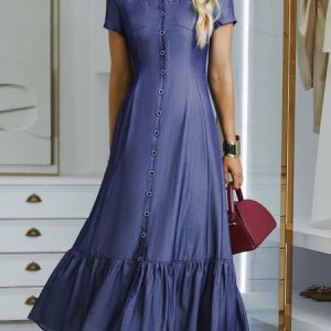 Vacation Regular Fit Shirt Collar Faux Denim Dress, Dresses, color:Deep Blue|size:XXL, Stylewe