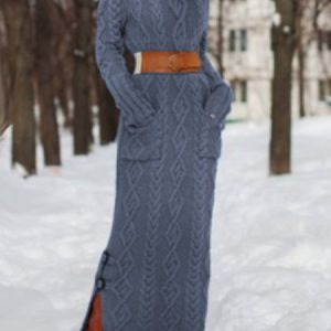 High Neck Long Sleeve Sweater Dress, Maxi Dresses, color:Lake Blue|size:XXL, Stylewe