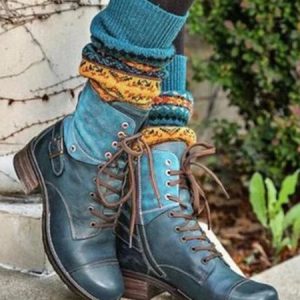 Retro Stitching Lace-up Zipper Boots, Boots, color:Blue|size:43, Noracora