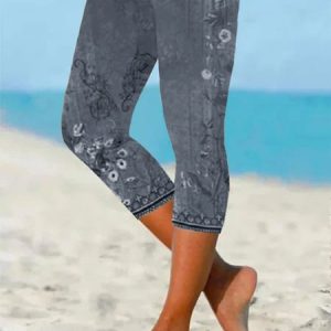 Plus Size Loose Floral Casual Jersey Leggings, BOTTOM, color:Gray|size:4X, Noracora