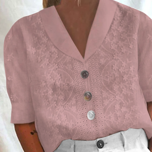 Women's Cotton Linen Lace Lapel Button Down Short Sleeve Shirt, Shirts & Blouses, color:Pink|size:XXL, JustFashionNow