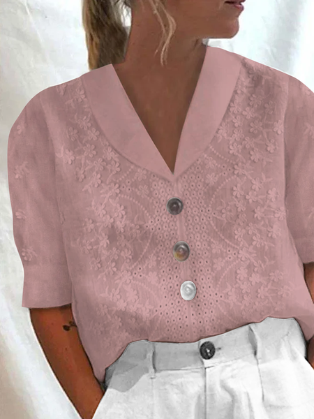Women's Cotton Linen Lace Lapel Button Down Short Sleeve Shirt, Shirts & Blouses, color:Pink|size:XXL, JustFashionNow