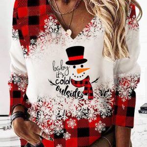 Women's Red Plaid V Neck Sweatshirt Christmas Snowman Printed, Sweatshirts & Hoodies, color:Red|size:3XL, JustFashionNow