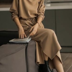 Urban Plain Regular Fit Urban Buttoned Drawstring Dress, Midi Dresses, color:Khaki|size:XXL, Stylewe