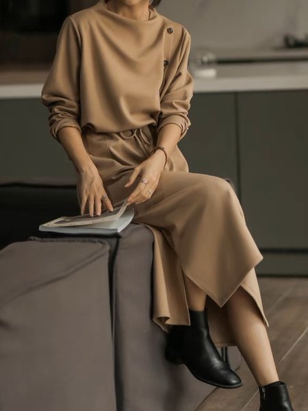 Urban Plain Regular Fit Urban Buttoned Drawstring Dress, Midi Dresses, color:Khaki|size:XXL, Stylewe
