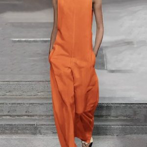 Urban Notched Plain Loose H-Line Jumpsuit, Jumpsuits, color:Orange|size:XXL, Stylewe