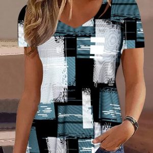 Loose Casual Geometric V Neck T-Shirt, T-Shirts, color:Green|size:XXL, JustFashionNow