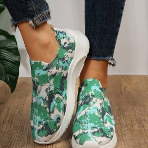 Green Camouflage High Stretch Breathable Fly Knit Sneakers, Sneakers, color:Camouflage Green|size:43, JustFashionNow