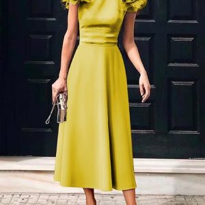 Elegant Stand Collar Plain Regular Fit Midi Dress, Midi Dresses, color:Yellow|size:XXL, Stylewe
