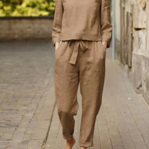 Loose Casual Round Neck Two Piece Set, Sets, color:Khaki|size:XS, Noracora
