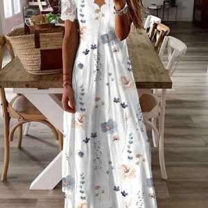 V Neck Floral Casual Lace Dress, Maxi, color:White|size:XXL, catalog Noracora shop