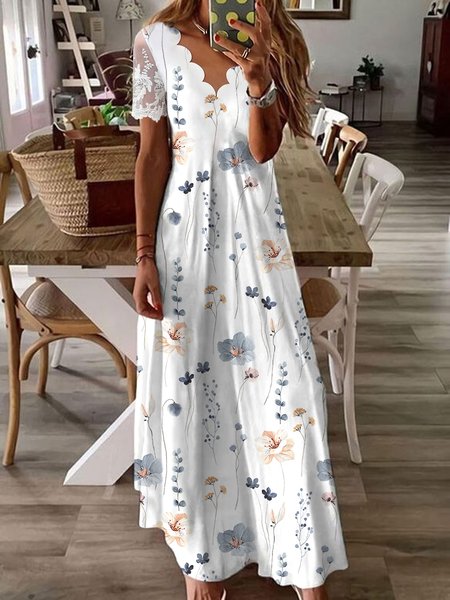 V Neck Floral Casual Lace Dress, Maxi Dresses, Roselinlin - Online Catalog