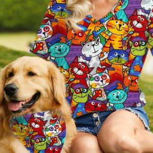 Women's Cute Cat Print Loose Casual Matching T-Shirt, color:Red|size:3XL, Lilicloth.com