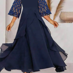 Lace Crew Neck Urban Chiffon Dress, Formal Dresses, color:Blue|size:XXL, JustFashionNow