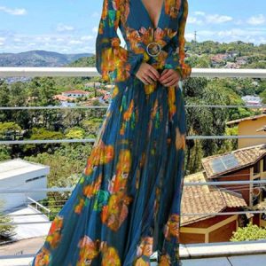 Vacation Long Sleeve Floral V Neck Regular Fit Maxi Dress, Maxi Dresses, color:Blue|size:XS, Stylewe