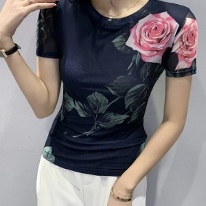 Short sleeve Mesh Floral Crew Neck Elegant T-Shirt, Tees, color:Dark Blue|size:XXL, Stylewe