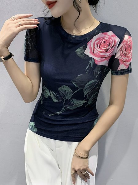 Short sleeve Mesh Floral Crew Neck Elegant T-Shirt, Tees, color:Dark Blue|size:XXL, Stylewe