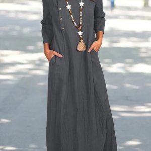 Loose Plain Cotton Casual Dress, Maxi, color:Gray|size:5XL, Noracora