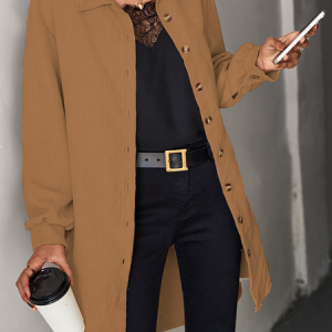 Shirt Collar Long Sleeve Plain Regular Loose Shirt Coat For Women, Coats, color:Khaki|size:XL, Noracora