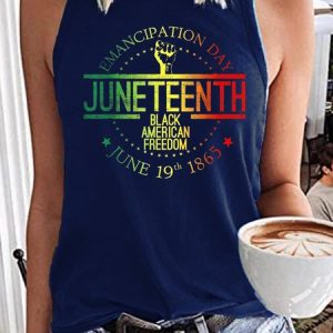 Women's Casual Juneteenth Freeish Black History Crew Neck Tank Top, color:Dark Blue|size:3XL, Lilicloth.com