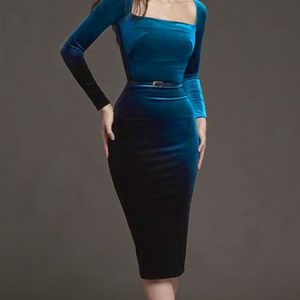 Square Neck Elegant Long sleeve No Elasticity Hip Skirt Party Dress, Wedding Guest Dresses, color:Dark_blue|size:XXL, Stylewe