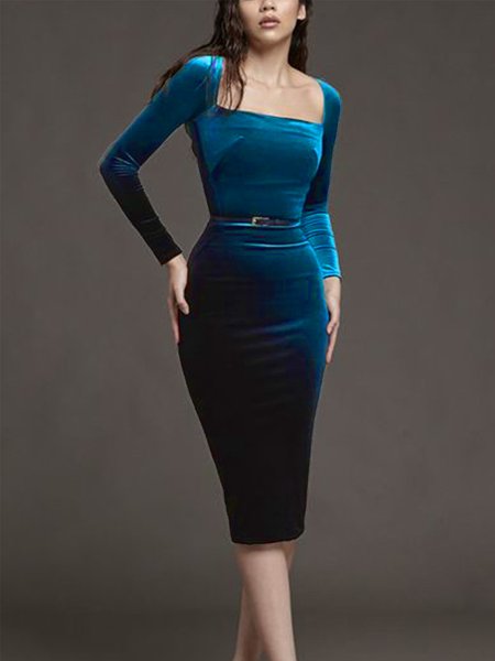 Square Neck Elegant Long sleeve No Elasticity Hip Skirt Party Dress, Wedding Guest Dresses, color:Dark_blue|size:XXL, Stylewe
