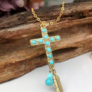 Turquoise Cross Feather Leaf Ethnic Pendant Necklace, Necklaces, color:As Picture|size:One-size, JustFashionNow