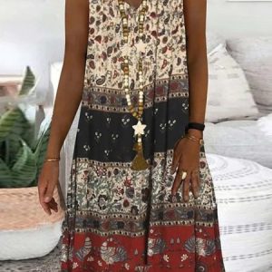 Regular Fit Floral V Neck Dress, Midi, color:Wine Red|size:XXL, Noracora