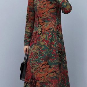 Women Ethnic Turtleneck Long Sleeve Comfy Casual Maxi Dress, Dresses, color:As Picture|size:4XL, Noracora