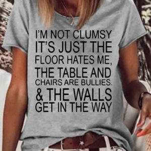 Womens I'm Not Clumsy Funny Letters Casual Short Sleeve T-Shirt, color:Gray|size:3XL, Lilicloth.com