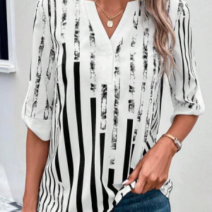 Loose Color Block V Neck Casual Striped Print Notched Neckline Roll Tab Sleeve Blouse, Shirts & Blouses, color:Black|size:XXL, JustFashionNow