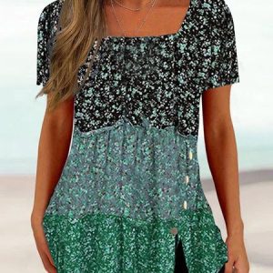 Disty Floral Knitted Casual Shirt, Blouses, color:Green|size:XXL, Noracora