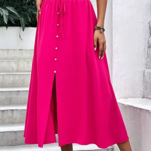 Plain Loose Casual Buckle Skirt, Skirts, color:Deep Pink|size:XXL, JustFashionNow