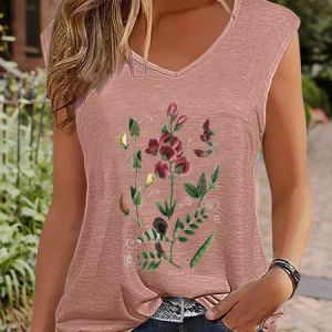 Women's Vintage Botanical V Neck Text Letters Regular Fit Simple Tank Top, Tank Tops, Lilicloth.com