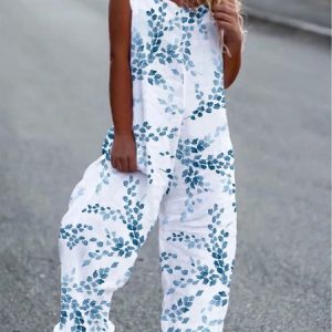 Leaf Print Sleeveless Baggy Jumpsuit, Jumpsuits&Rompers, color:Blue|size:XXL, Noracora
