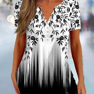 V Neck Casual Shirt, Shirts & Blouses, color:Black-white|size:XXL, JustFashionNow