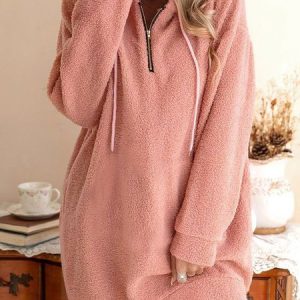 Zip Collar Teddy Thermal Loose Dress, Dresses, color:Pink|size:XXL, JustFashionNow