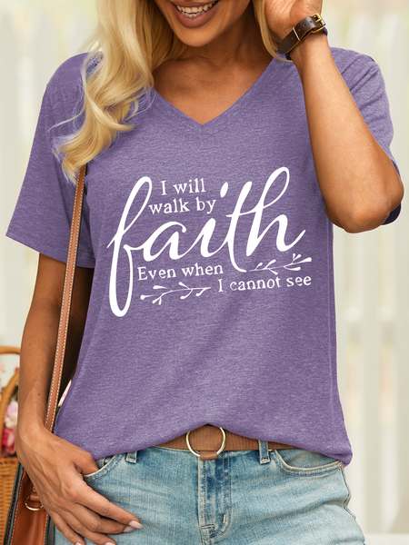 Women’s I Will Walk By Faith Even When I Cannot See Cotton V Neck Casual T-Shirt, T-shirts, Lilicloth.com