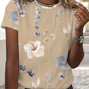 Jersey Loose Floral Casual T-Shirt, color:Khaki|size:3XL, Lilicloth.com