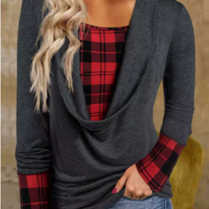 Square Neck Loose Casual Plaid Long Sleeve T-shirt, Shirts & Blouses, color:Red|size:XXL, JustFashionNow