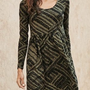 Women Ethnic Crew Neck Long Sleeve Comfy Ethnic Midi Dress, Dresses, color:Green|size:XXL, Noracora