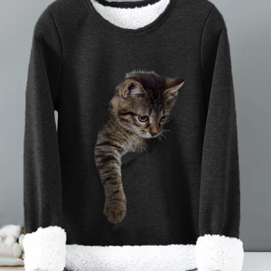 Casual Cotton-Blend Cat T-Shirt, Hoodies & Sweatshirts, color:Black|size:XXL, Noracora