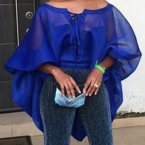 Plain Lantern Sleeve Urban Loose Blouse, Blouses and Shirts, color:Blue|size:XXL, Stylewe